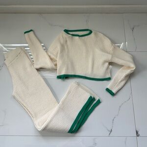 Cream and Green Ribbed Knit Sweater Set